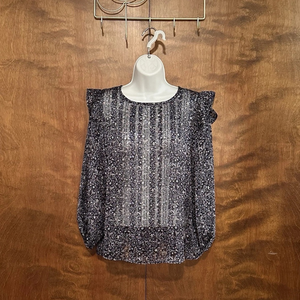 W5 Balloon Sleeve Sheer Metallic Blouse Womens S Navy Floral Polyester Career